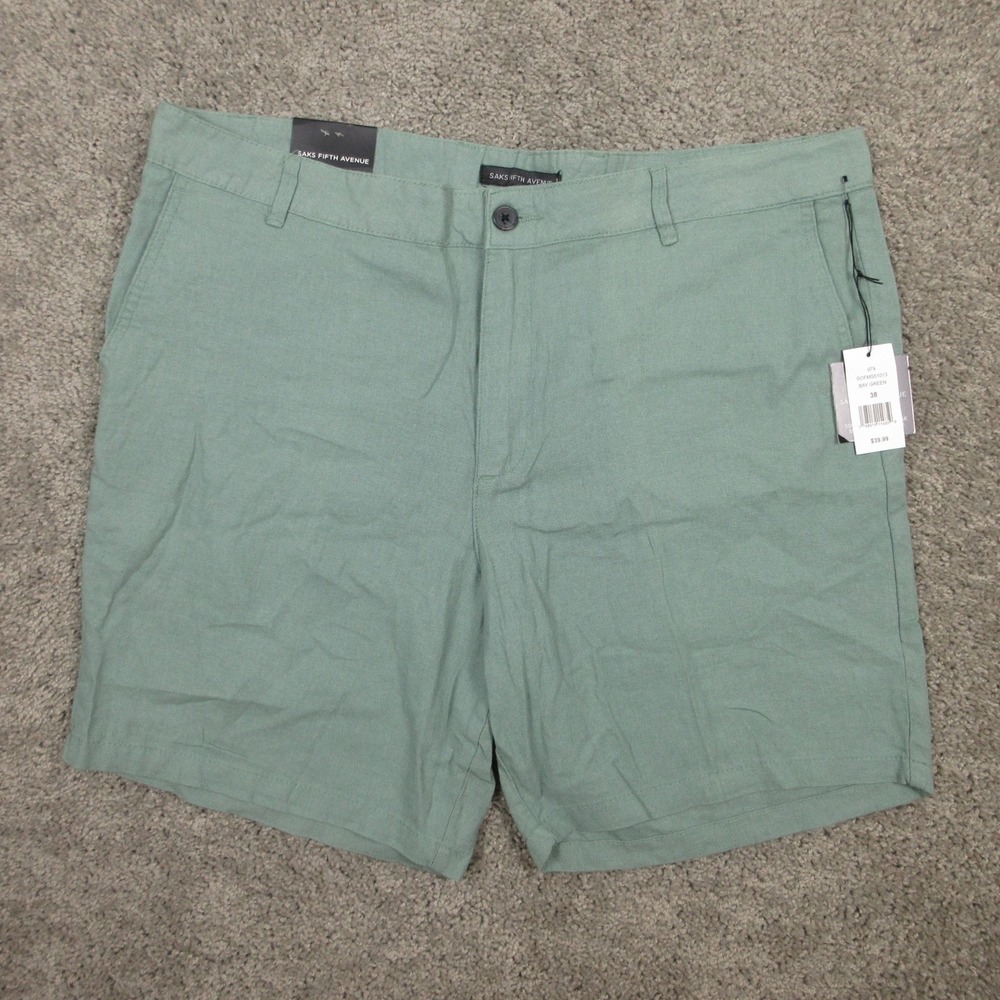 Saks Fifth Avenue Shorts Mens 38 Green Solid Linen Silk Lightweight Summer NEW
